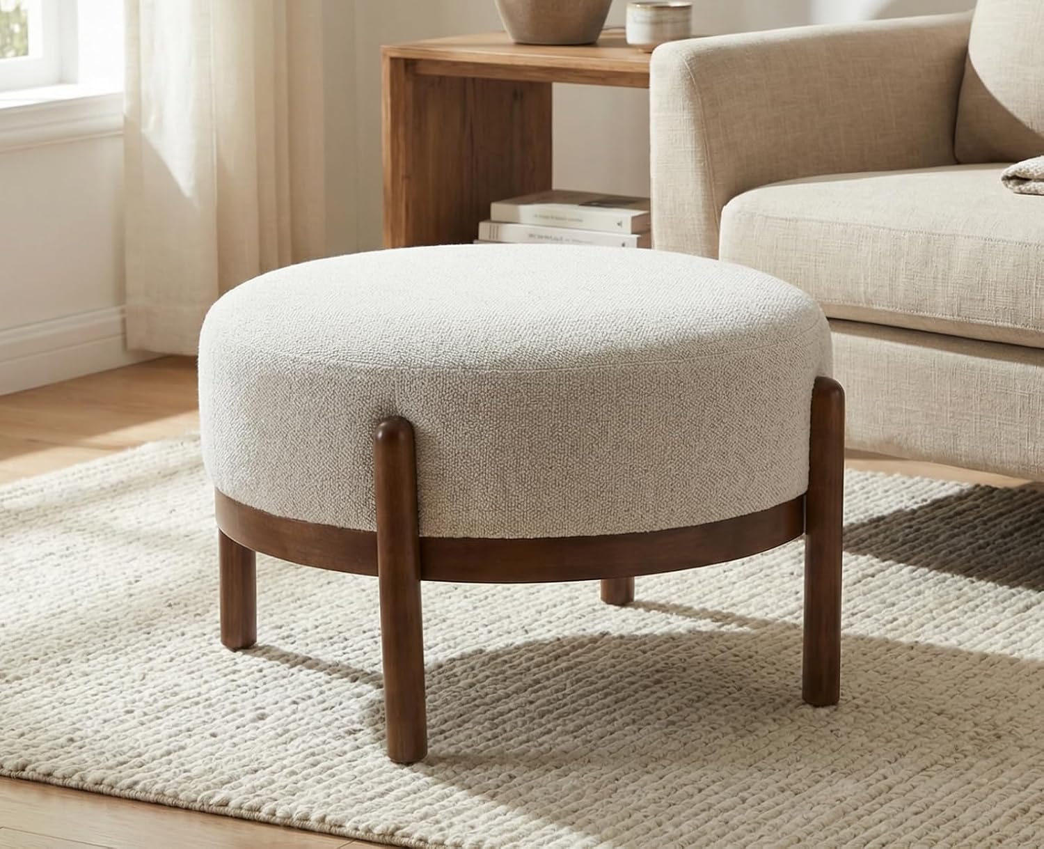 Outdoor Furniture Wood - Pufa z tkaniny Sherpa z drewnianymi